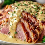 Slowcooker Creamy Mustard Pulled Ham sliced and topped with rich mustard sauce