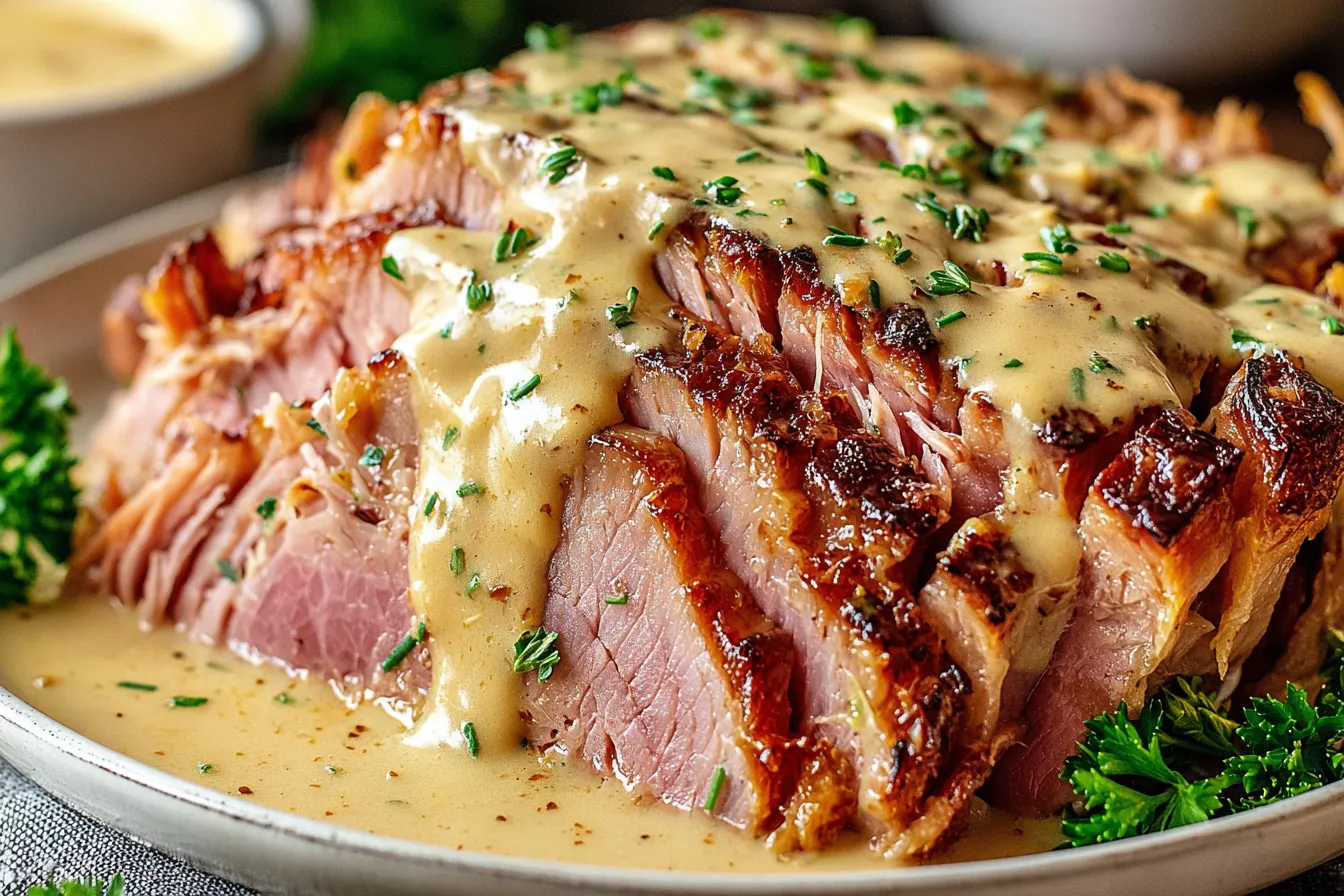 Slowcooker Creamy Mustard Pulled Ham sliced and topped with rich mustard sauce