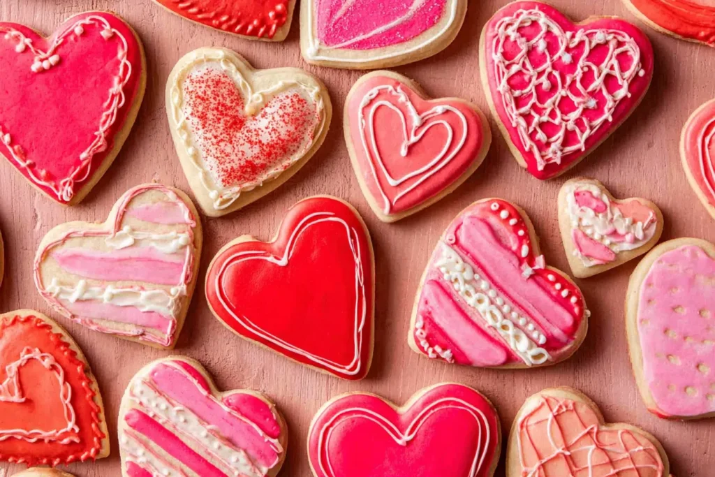 Soft Sugar Cookies decorated with pink and red icing in heart shapes