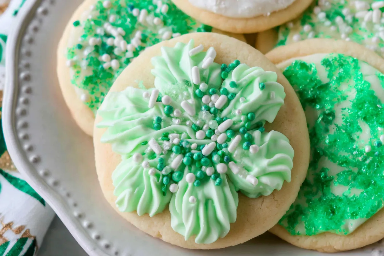 Soft Sugar Cookies decorated with mint green frosting and winter sprinkles