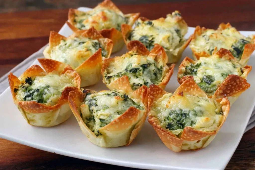Spinach-Artichoke Dip Wonton Cups arranged on a white plate with crispy baked wonton shells.