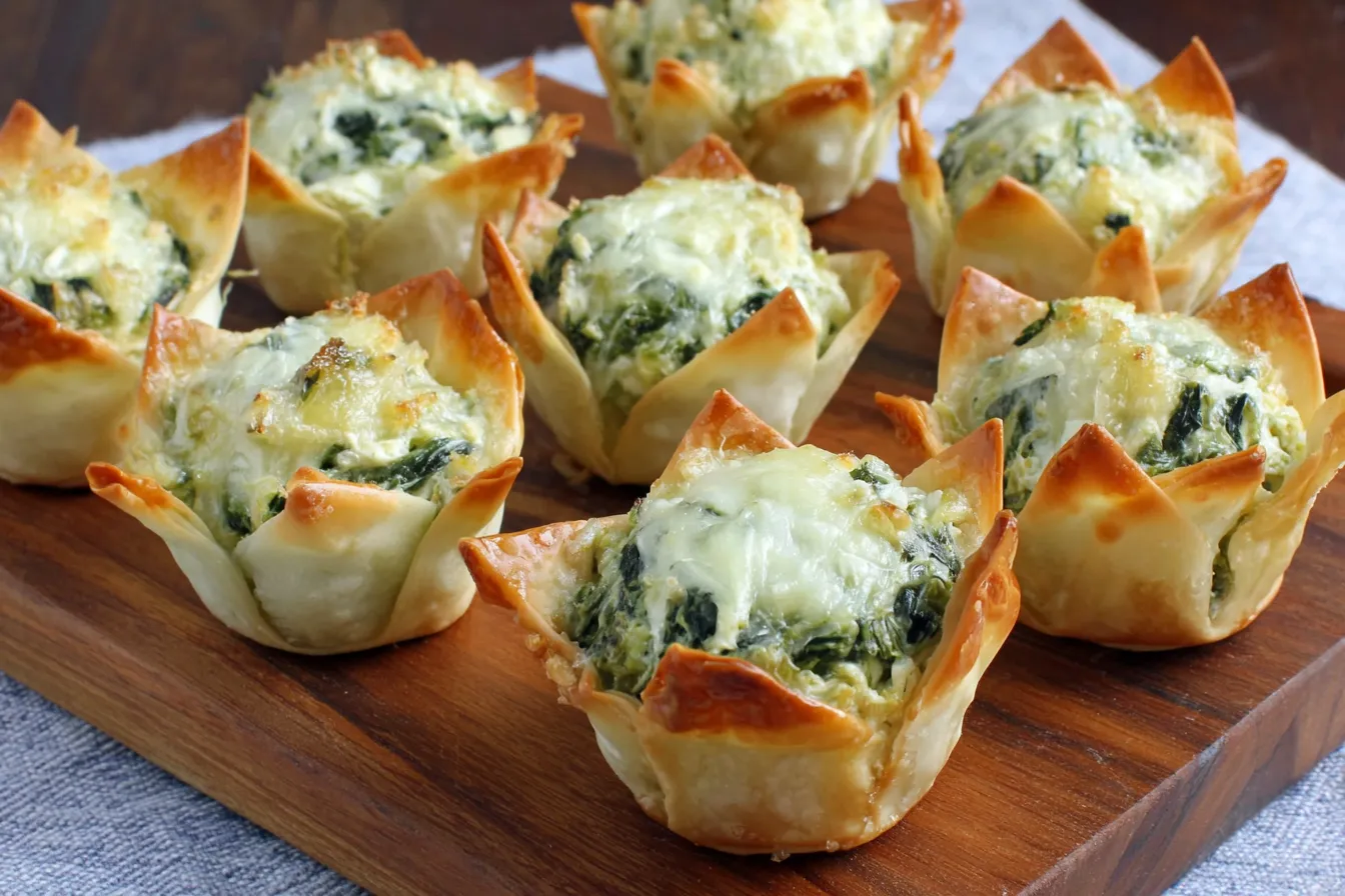 Spinach-Artichoke Dip Wonton Cups freshly baked with golden crispy edges on a wooden board.
