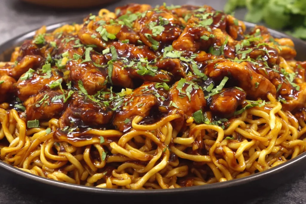 Sticky Garlic Chicken Noodles featuring glossy chicken bites and cilantro over saucy noodles.