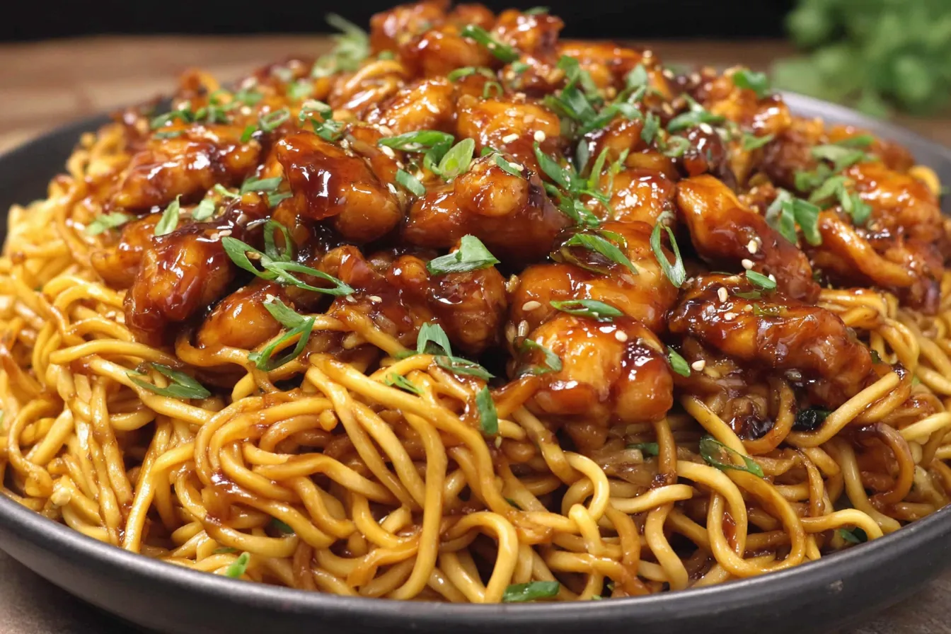 Sticky Garlic Chicken Noodles topped with glazed chicken pieces and sliced green onions.