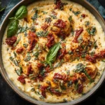 Sun-Dried Tomato Crockpot Chicken in a creamy sauce garnished with basil