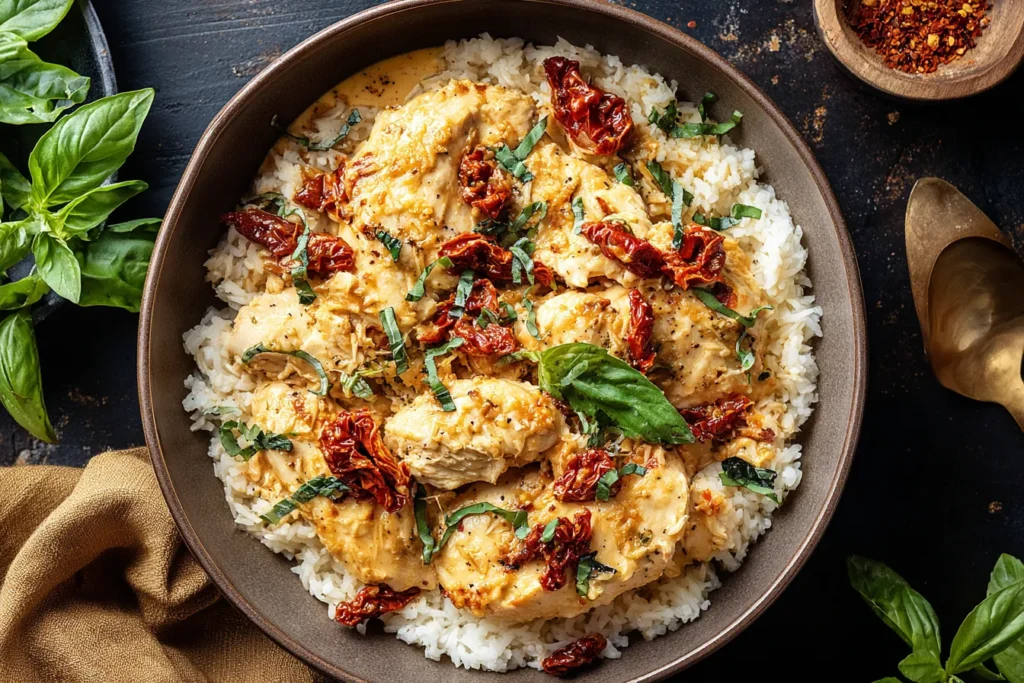 Sun-Dried Tomato Crockpot Chicken served over fluffy white rice with fresh basil