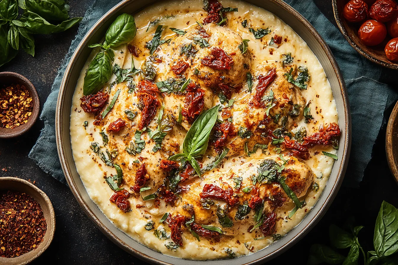 Sun-Dried Tomato Crockpot Chicken in a creamy sauce garnished with basil