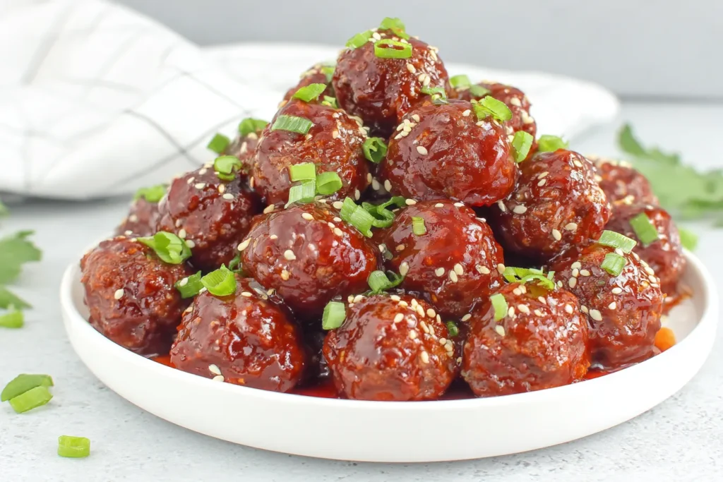 Sweet and Spicy Slow Cooker Meatballs coated in a glossy sauce and topped with green onions and sesame seeds
