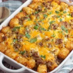 Baked Tater Tot Sausage Breakfast Casserole in a white dish topped with melted cheese and herbs.