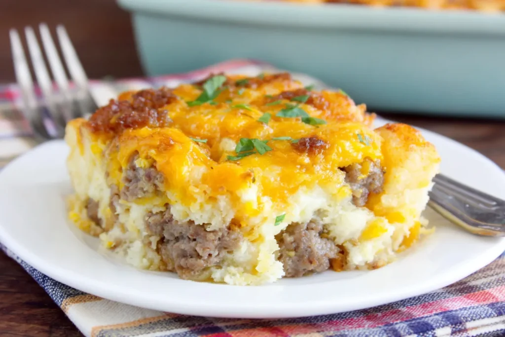 Tater Tot Sausage Breakfast Casserole slice topped with melted cheddar cheese and sausage on a white plate.