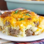 Tater Tot Sausage Breakfast Casserole slice topped with melted cheddar cheese and sausage on a white plate.