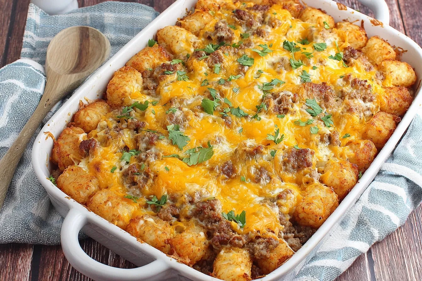 Baked Tater Tot Sausage Breakfast Casserole in a white dish topped with melted cheese and herbs.