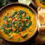 Thai Coconut Red Lentil Soup topped with fresh spinach, red chilies, and served with toasted bread
