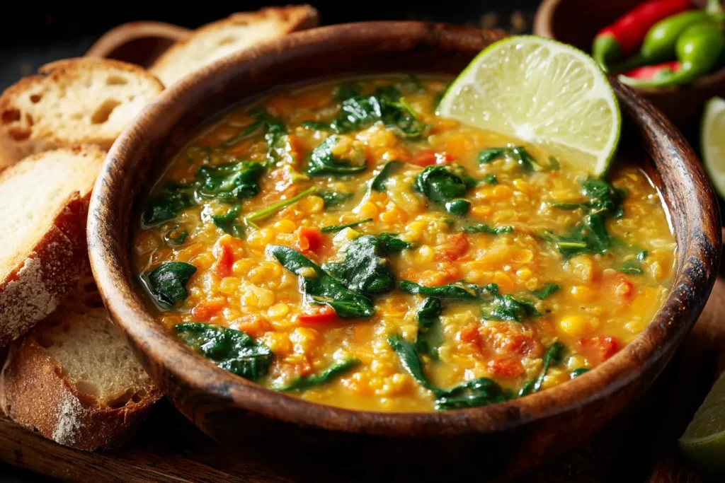 Thai Coconut Red Lentil Soup in a wooden bowl with spinach, lime, and crusty bread slices