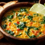 Thai Coconut Red Lentil Soup in a wooden bowl with spinach, lime, and crusty bread slices