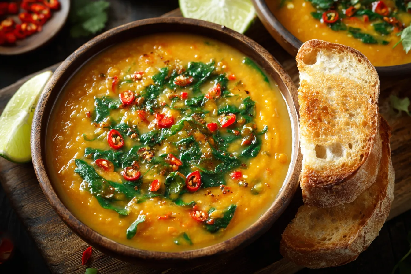 Thai Coconut Red Lentil Soup topped with fresh spinach, red chilies, and served with toasted bread