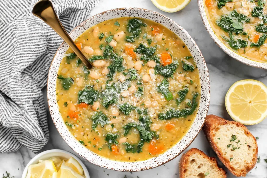 Tuscan White Bean Soup in a speckled bowl with kale, carrots, and cannellini beans, garnished with Parmesan.