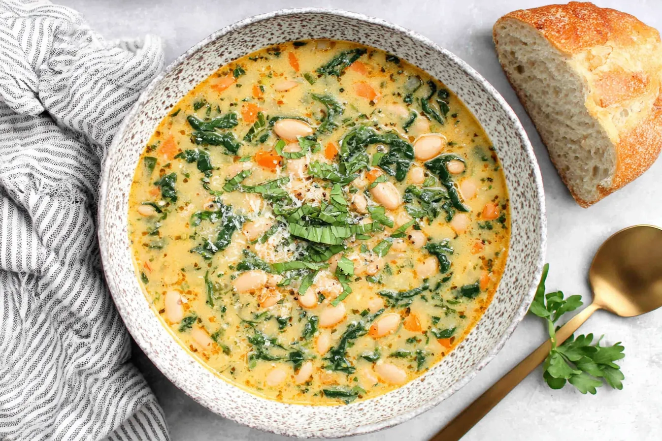 Creamy Tuscan White Bean Soup in a rustic bowl with carrots, kale, and Parmesan.