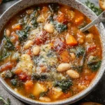 Winter Minestrone Soup with kale, beans, and vegetables in a rustic bowl