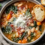 Winter Minestrone Soup served in a bowl with crusty bread and parmesan