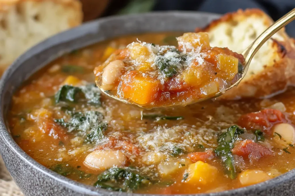 Winter Minestrone Soup with beans, vegetables, and parmesan on a spoon
