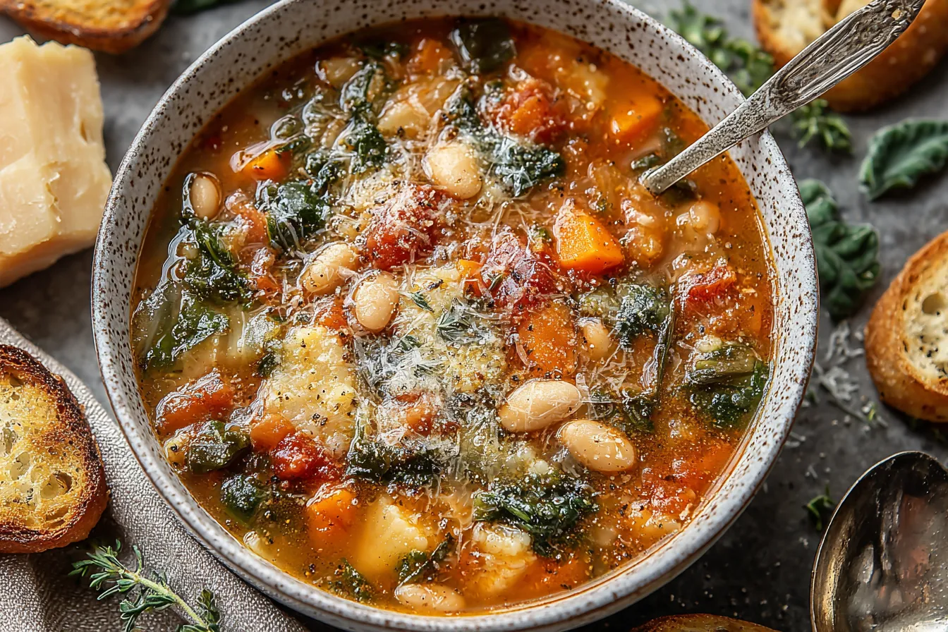Winter Minestrone Soup with kale, beans, and vegetables in a rustic bowl