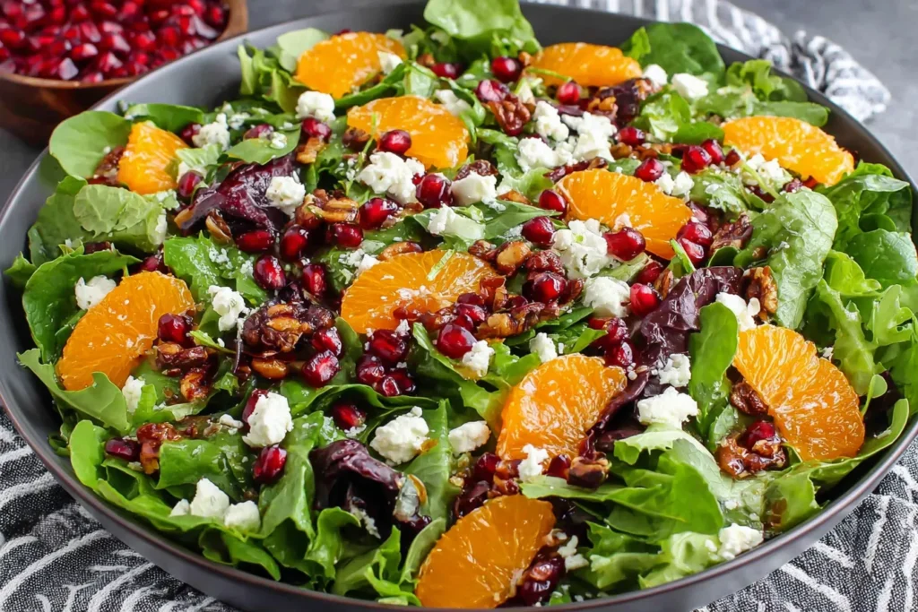 Colorful Winter Salad Recipe topped with mandarin orange slices, pomegranate seeds, feta cheese, and candied pecans on fresh greens.