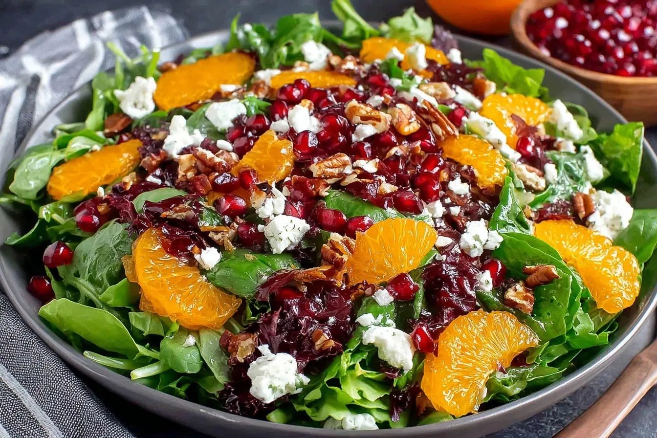 Bright Winter Salad Recipe with mixed greens, mandarin oranges, pomegranate seeds, feta, and candied pecans on a serving plate.