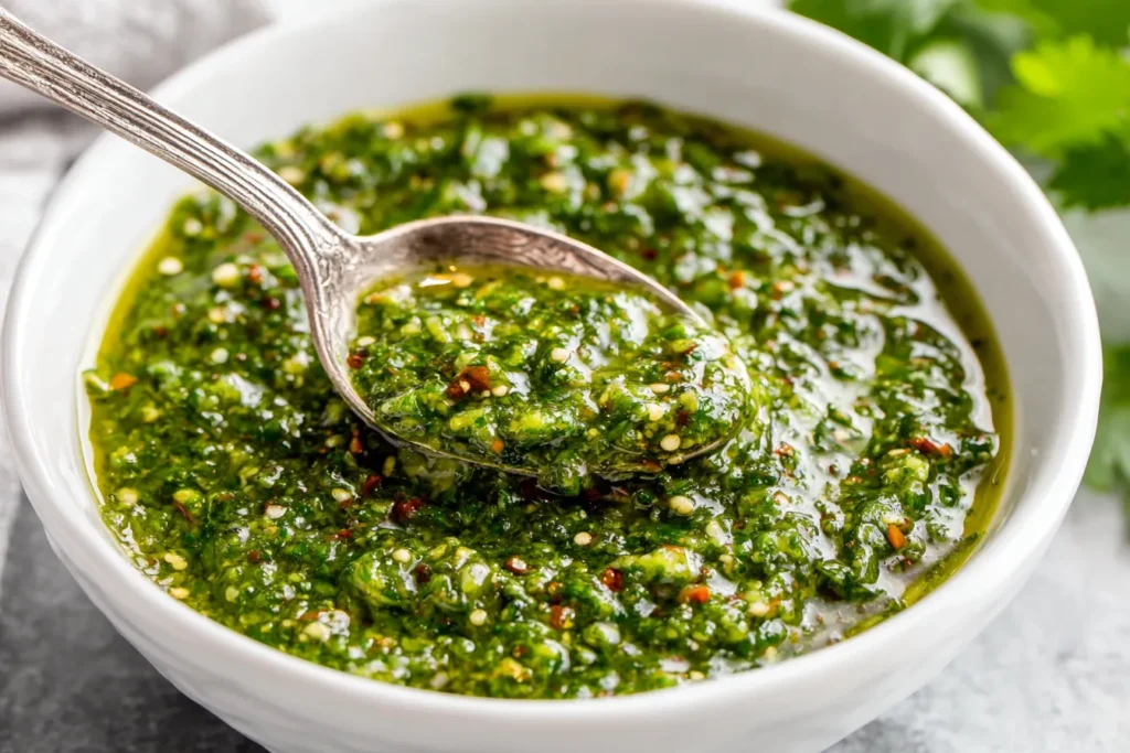 Zhoug Sauce made with fresh cilantro, jalapeños, garlic, and olive oil in a white bowl