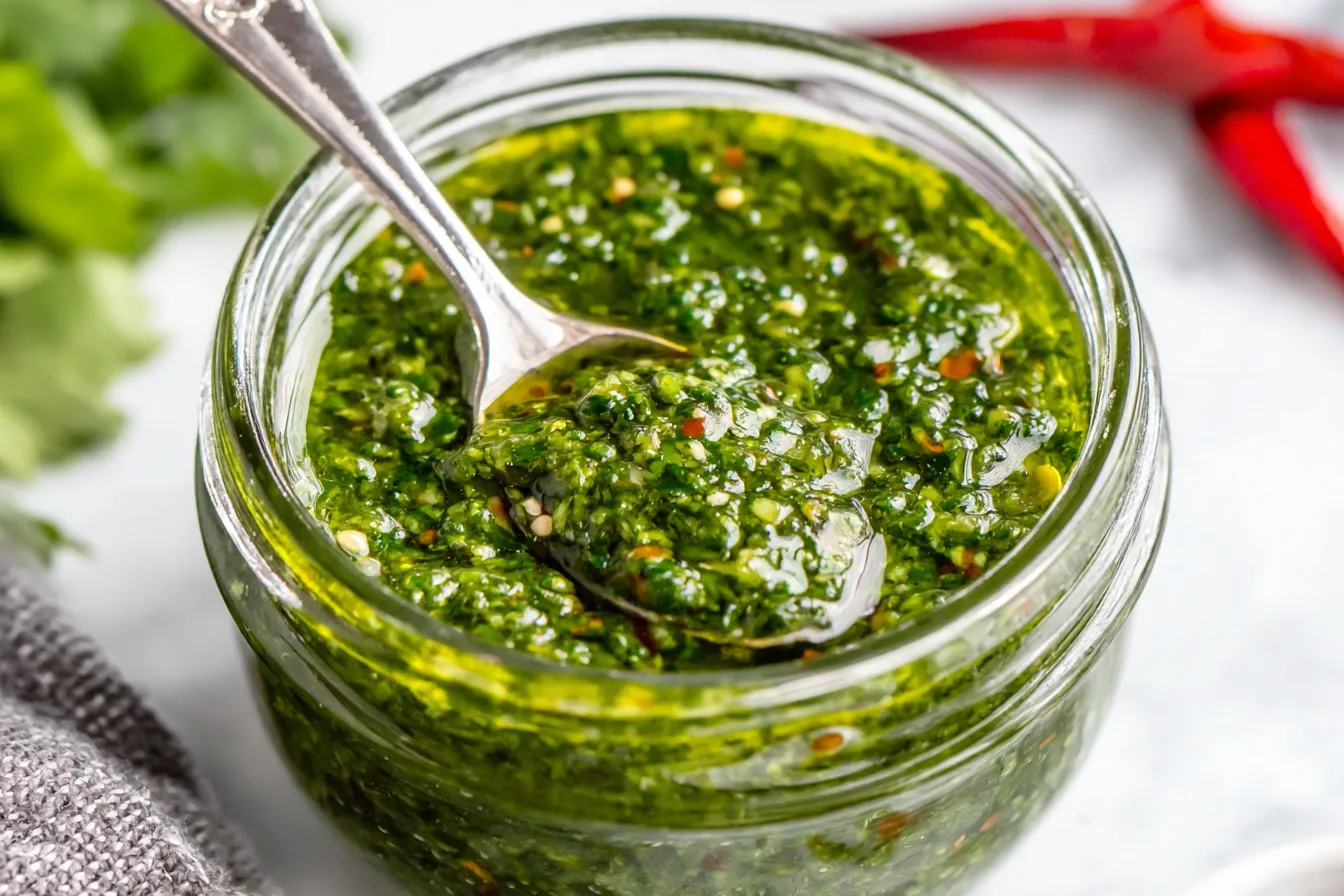 Zhoug Sauce stored in a glass jar, showing a fresh, herby green sauce texture