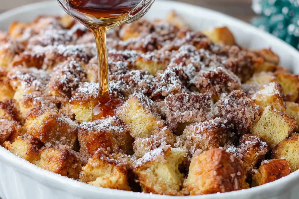 French Toast Casserole drizzled with warm maple syrup and dusted with powdered sugar.