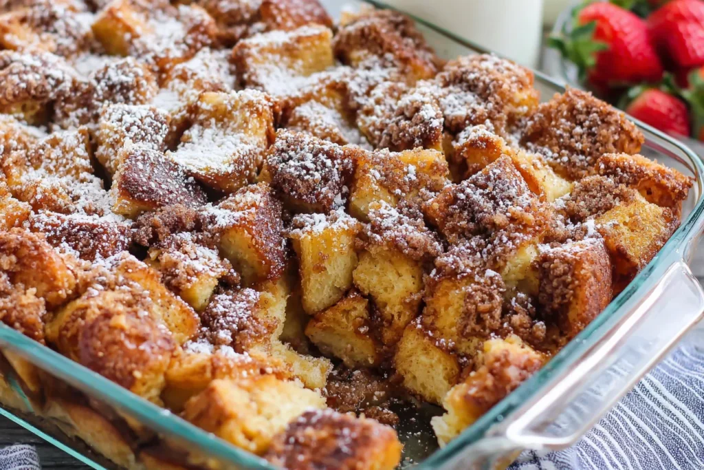 Frefrench Toast CasserClose-up of French Toast Casserole with cinnamon crumble topping in a glass baking dish.ole 2