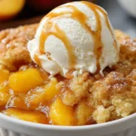 Slow cooker peach cobbler with golden crumble topping and melting vanilla ice cream