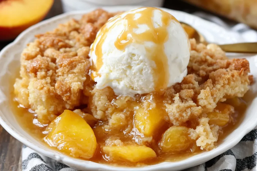 Slow cooker peach cobbler topped with vanilla ice cream and warm caramel sauce in a white bowl