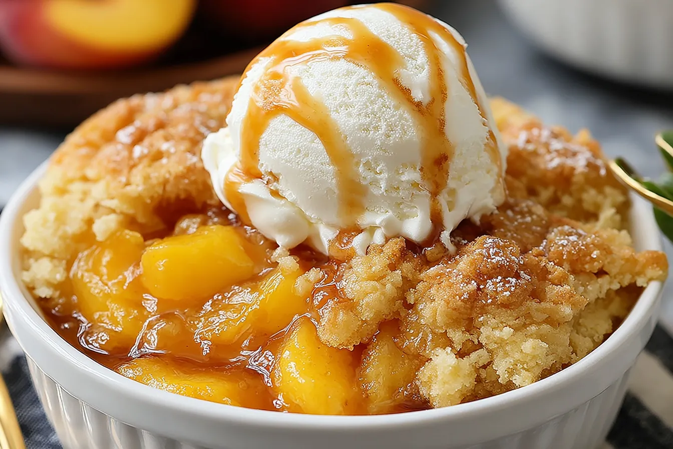 Slow cooker peach cobbler with golden crumble topping and melting vanilla ice cream