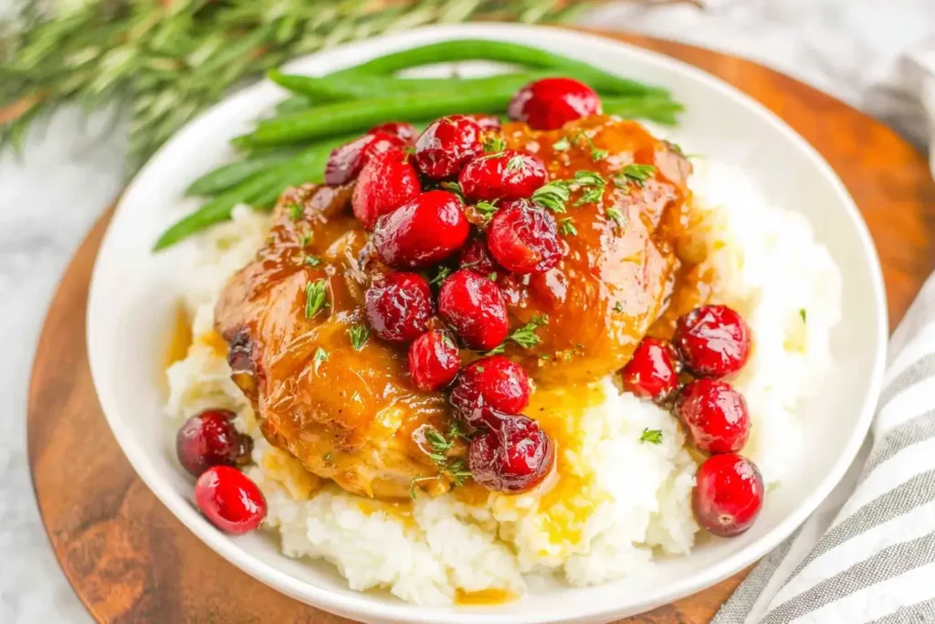 Crockpot Cranberry Apricot Chicken served over creamy mashed potatoes with fresh cranberries and green beans.