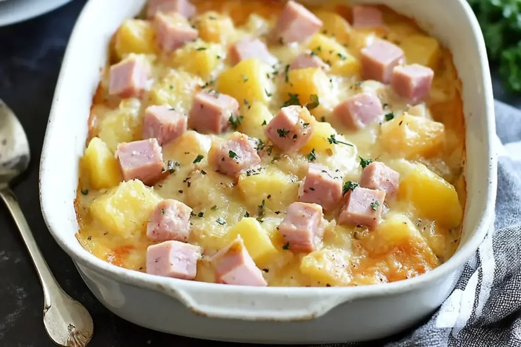 Golden baked Slow Cooker Ham and Potato Casserole topped with tender ham cubes and melted cheese in a white dish.