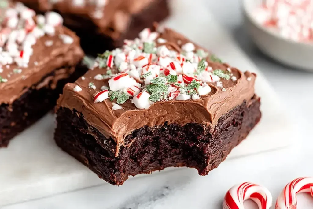 Peppermint Brownies with creamy chocolate frosting, topped with crushed peppermint candy and a bite taken out.