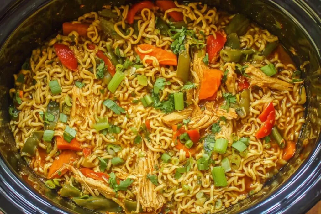 Crock Pot chicken Ramen packed with vegetables, tender chicken, and flavorful broth in a slow cooker