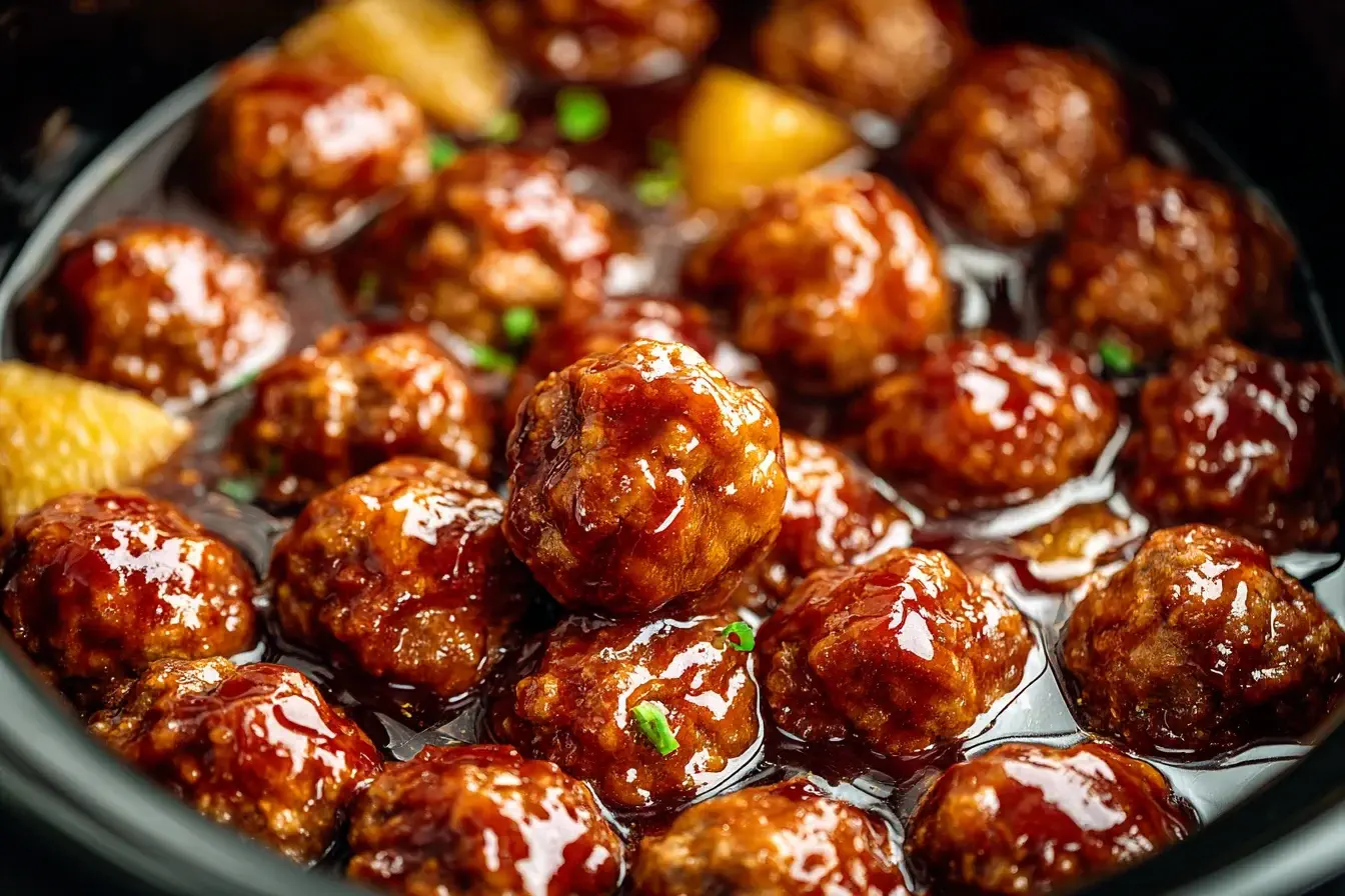 Slow Cooker Teriyaki Meatballs coated in a glossy homemade teriyaki sauce inside a crockpot.