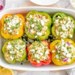 Greek Chicken Stuffed Peppers in a baking dish, topped with crumbled feta and fresh herbs, with lemon slices nearby.