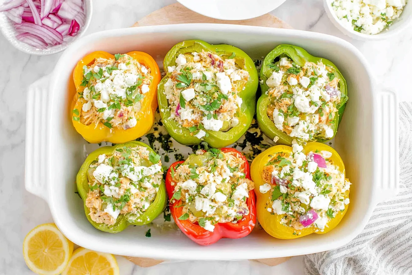 Greek Chicken Stuffed Peppers in a baking dish, topped with crumbled feta and fresh herbs, with lemon slices nearby.