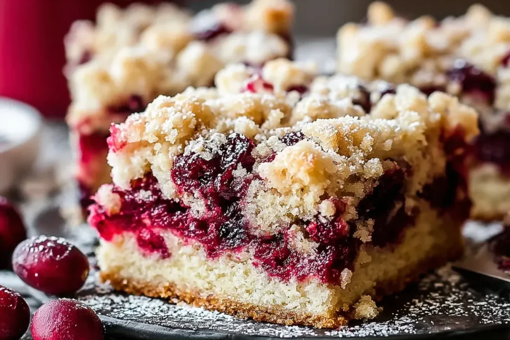 Cranberry Bars with thick cranberry filling, buttery cake base, and crumb topping, dusted with powdered sugar and served with fresh cranberries