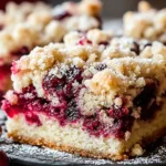 Cranberry Bars with thick cranberry filling, buttery cake base, and crumb topping, dusted with powdered sugar and served with fresh cranberries
