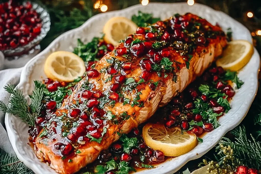 Christmas Salmon with Pomegranate Glaze topped with fresh pomegranate seeds, herbs, and lemon slices on a festive holiday platter.