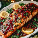 Christmas Salmon with Pomegranate Glaze topped with fresh pomegranate seeds, herbs, and lemon slices on a festive holiday platter.