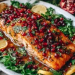 Christmas Salmon with Pomegranate Glaze on a festive platter topped with fresh pomegranate seeds, herbs, and lemon slices.
