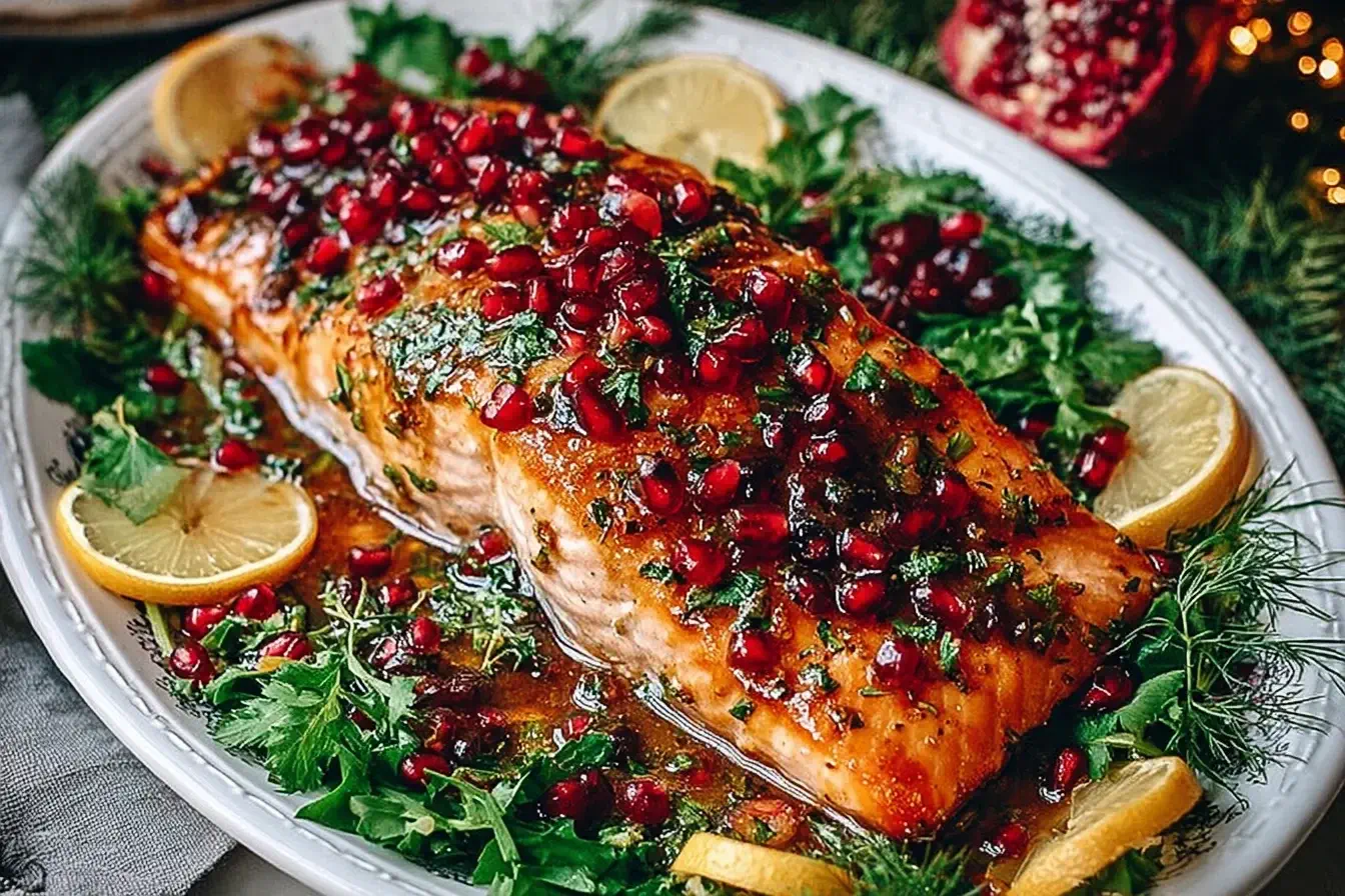 Christmas Salmon with Pomegranate Glaze on a festive platter topped with fresh pomegranate seeds, herbs, and lemon slices.