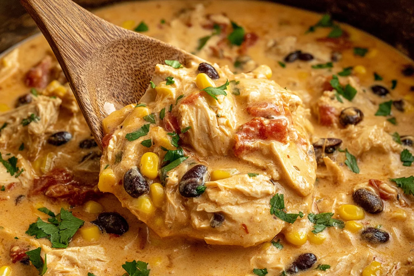 Creamy Crock Pot Fiesta Chicken with shredded chicken, black beans, corn, tomatoes, and rich sauce in a slow cooker