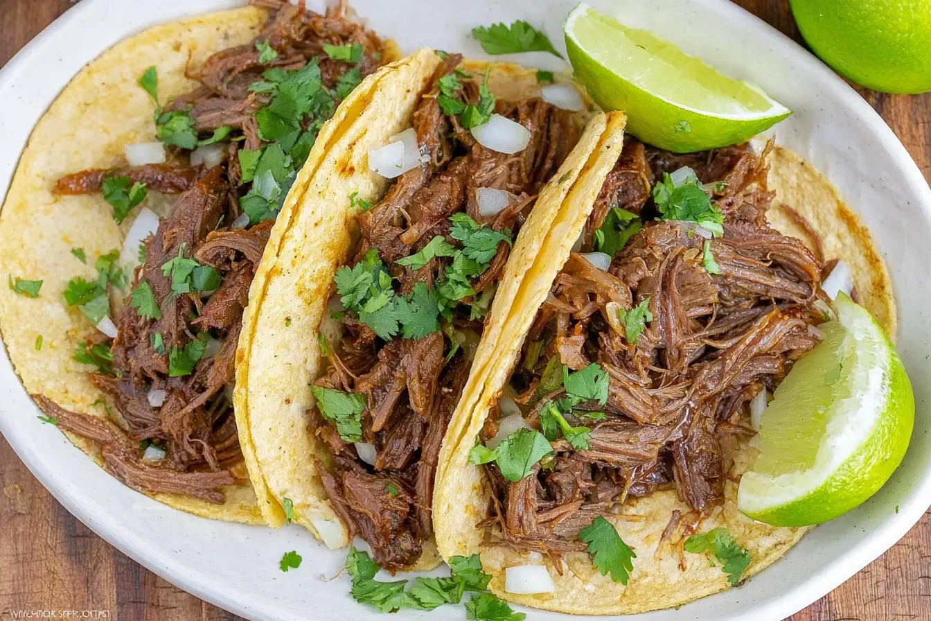 Crock Pot Beef Tacos with tender shredded beef, cilantro, and lime on soft tortillas.